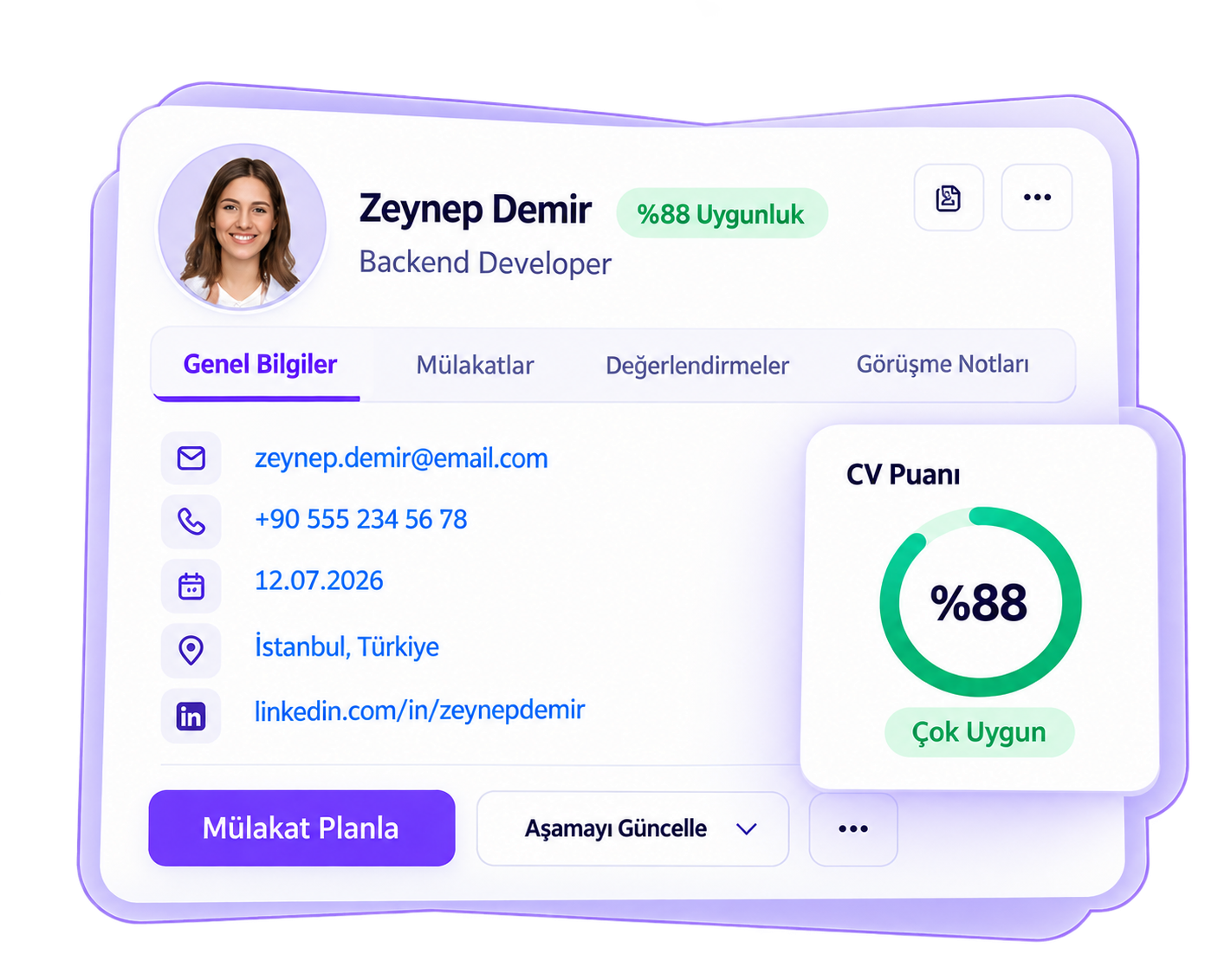 HumanOre aday kartı: Zeynep Demir, %88 uygunluk, iletişim bilgileri ve CV puanı