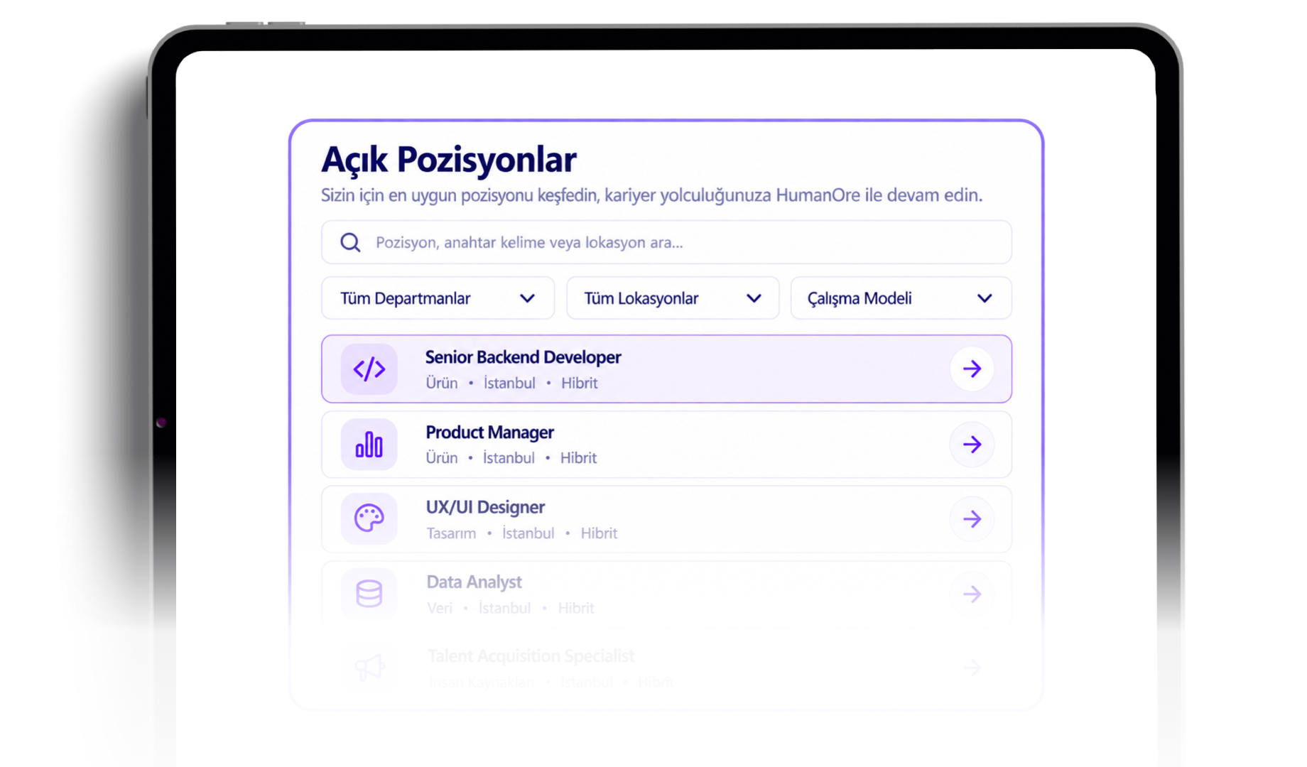 HumanOre web kariyer sayfası: tablet ekranında açık pozisyonlar listesi